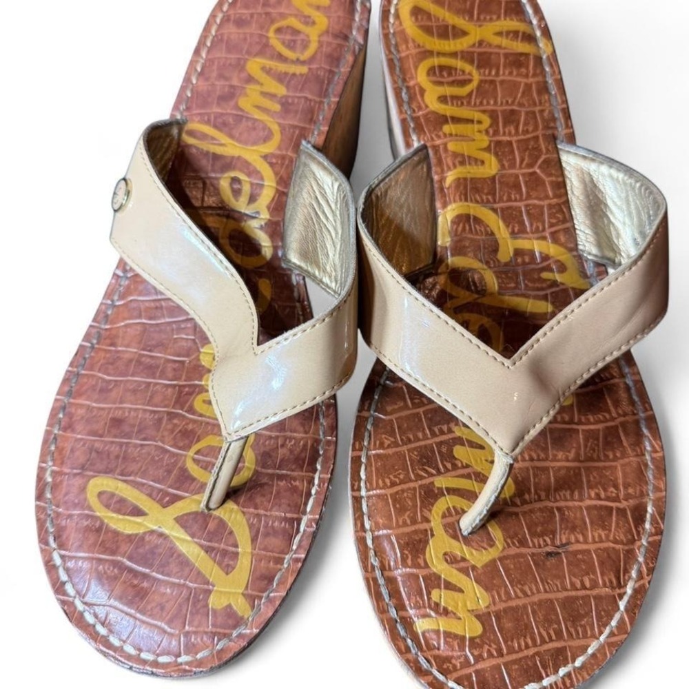 Sam Edelman Nude Patent Leather Cork Wedge Platform Thong Sandals Flip Flops